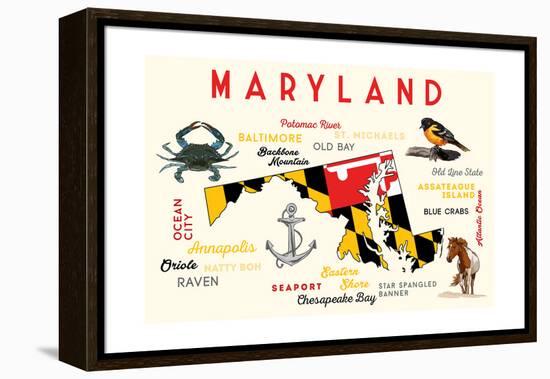 Maryland - Typography and Icons-Lantern Press-Framed Stretched Canvas