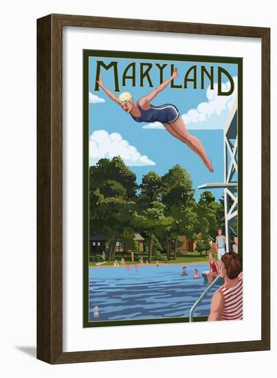 Maryland - Woman Diving and Lake-Lantern Press-Framed Art Print