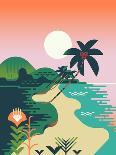 Beautiful Vector Flat Design Illustration on Tropical Sand Beach Landscape with Palms, Mountains An-Mascha Tace-Art Print