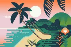 Beautiful Vector Flat Design Illustration on Tropical Sand Beach Landscape with Palms, Mountains An-Mascha Tace-Art Print