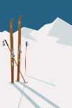 Vector Winter Themed Template with Wooden Old Fashioned Skis, Poles and Green Backpack in the Snow-Mascha Tace-Art Print