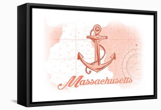 Massachusetts - Anchor - Coral - Coastal Icon-Lantern Press-Framed Stretched Canvas