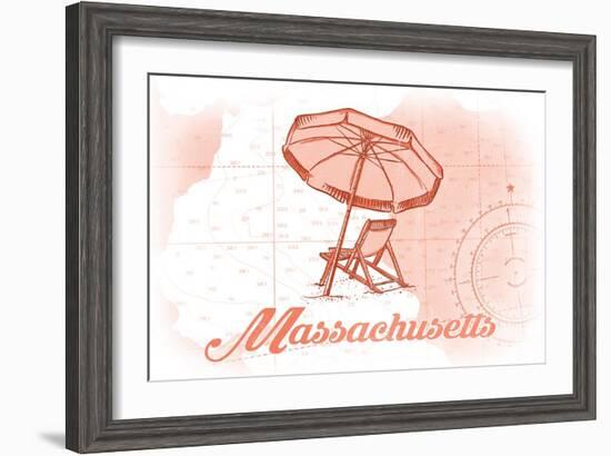 Massachusetts - Beach Chair and Umbrella - Coral - Coastal Icon-Lantern Press-Framed Art Print