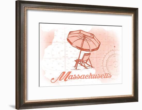 Massachusetts - Beach Chair and Umbrella - Coral - Coastal Icon-Lantern Press-Framed Art Print