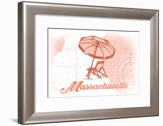 Massachusetts - Beach Chair and Umbrella - Coral - Coastal Icon-Lantern Press-Framed Art Print