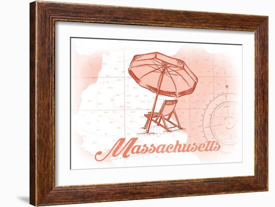 Massachusetts - Beach Chair and Umbrella - Coral - Coastal Icon-Lantern Press-Framed Art Print