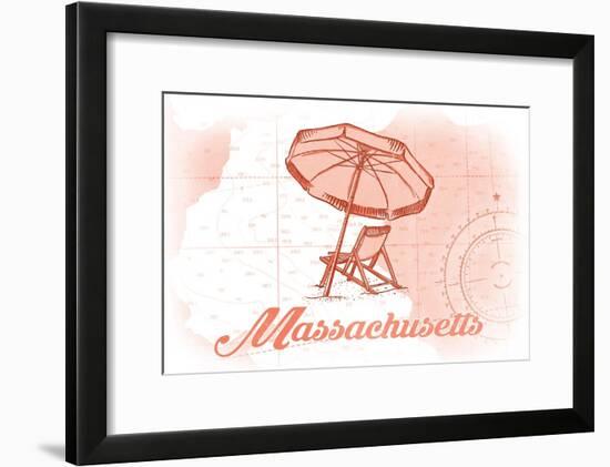 Massachusetts - Beach Chair and Umbrella - Coral - Coastal Icon-Lantern Press-Framed Art Print