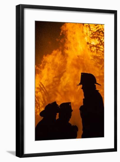 Massachusetts, Cape Ann, Fourth of July Bonfire, Silhouette of Firemen-Walter Bibikow-Framed Photographic Print