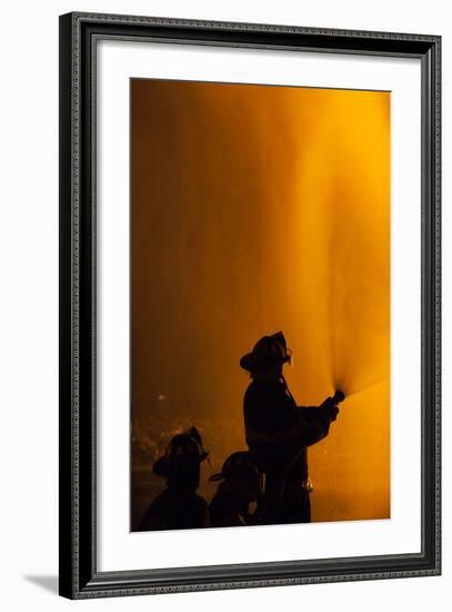 Massachusetts, Cape Ann, Fourth of July Bonfire, Silhouette of Firemen-Walter Bibikow-Framed Photographic Print