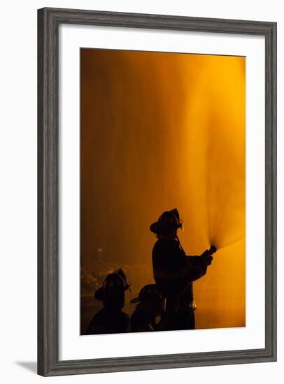 Massachusetts, Cape Ann, Fourth of July Bonfire, Silhouette of Firemen-Walter Bibikow-Framed Photographic Print