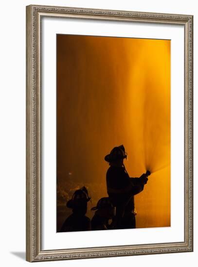 Massachusetts, Cape Ann, Fourth of July Bonfire, Silhouette of Firemen-Walter Bibikow-Framed Photographic Print