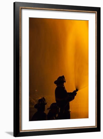 Massachusetts, Cape Ann, Fourth of July Bonfire, Silhouette of Firemen-Walter Bibikow-Framed Photographic Print