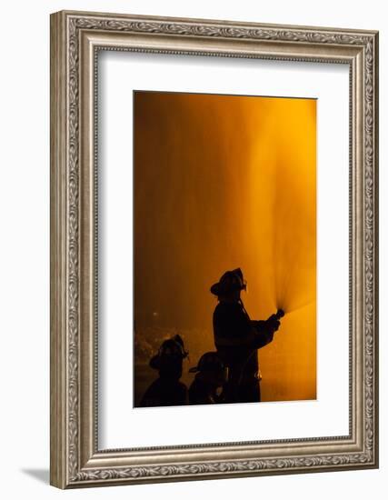 Massachusetts, Cape Ann, Fourth of July Bonfire, Silhouette of Firemen-Walter Bibikow-Framed Photographic Print