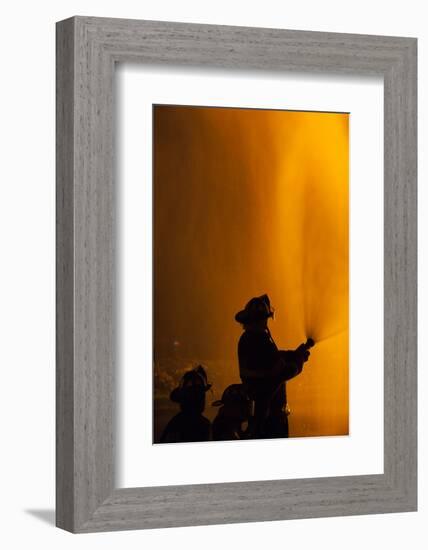 Massachusetts, Cape Ann, Fourth of July Bonfire, Silhouette of Firemen-Walter Bibikow-Framed Photographic Print