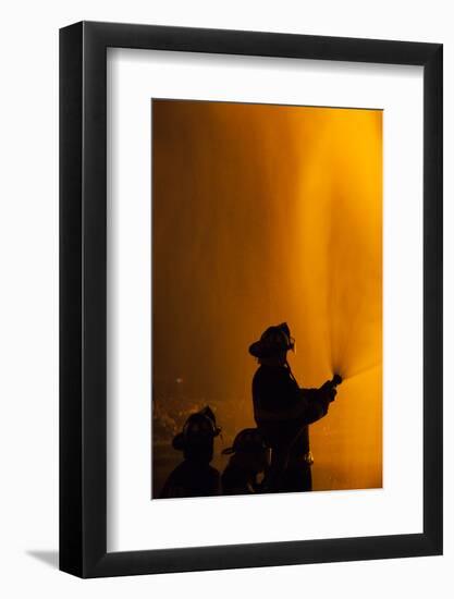 Massachusetts, Cape Ann, Fourth of July Bonfire, Silhouette of Firemen-Walter Bibikow-Framed Photographic Print