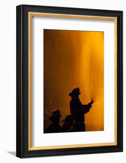 Massachusetts, Cape Ann, Fourth of July Bonfire, Silhouette of Firemen-Walter Bibikow-Framed Photographic Print