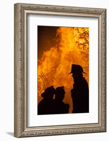 Massachusetts, Cape Ann, Fourth of July Bonfire, Silhouette of Firemen-Walter Bibikow-Framed Photographic Print