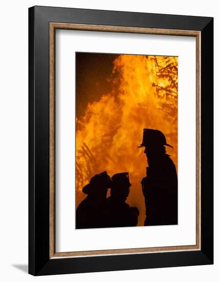 Massachusetts, Cape Ann, Fourth of July Bonfire, Silhouette of Firemen-Walter Bibikow-Framed Photographic Print