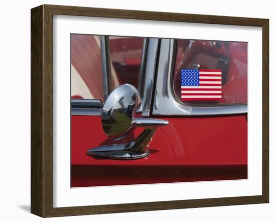 Massachusetts, Cape Ann, Gloucester, Antique Car Show, US Flag Sticker on Windshield of Red Car-Walter Bibikow-Framed Photographic Print