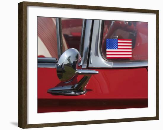 Massachusetts, Cape Ann, Gloucester, Antique Car Show, US Flag Sticker on Windshield of Red Car-Walter Bibikow-Framed Photographic Print