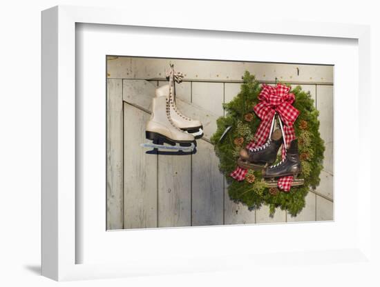 Massachusetts, Essex, Ice Skates and Christmas Wreath-Walter Bibikow-Framed Photographic Print