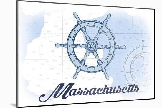 Massachusetts - Ship Wheel - Blue - Coastal Icon-Lantern Press-Mounted Art Print