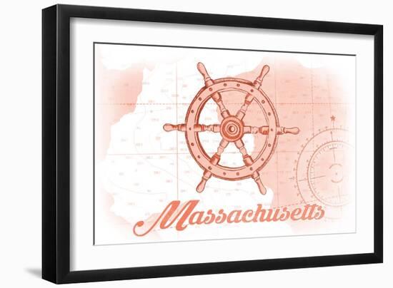 Massachusetts - Ship Wheel - Coral - Coastal Icon-Lantern Press-Framed Art Print