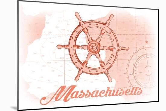 Massachusetts - Ship Wheel - Coral - Coastal Icon-Lantern Press-Mounted Art Print