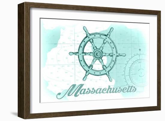 Massachusetts - Ship Wheel - Teal - Coastal Icon-Lantern Press-Framed Art Print