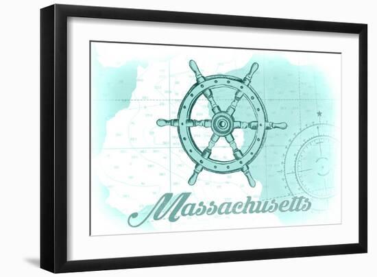 Massachusetts - Ship Wheel - Teal - Coastal Icon-Lantern Press-Framed Art Print