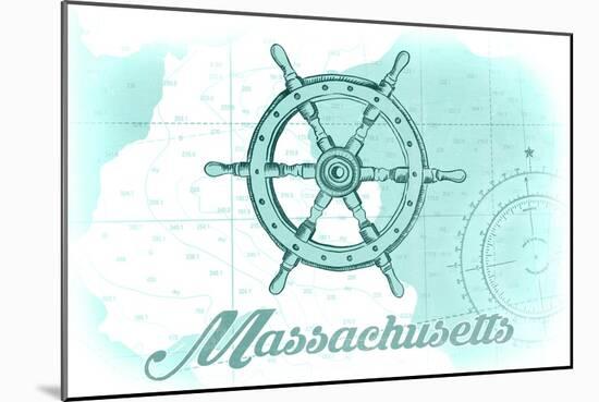 Massachusetts - Ship Wheel - Teal - Coastal Icon-Lantern Press-Mounted Art Print