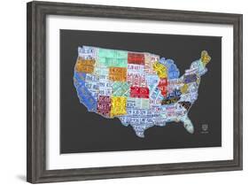 Massive USA License Plate Map-Design Turnpike-Framed Giclee Print