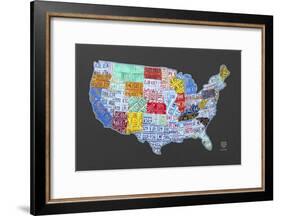 Massive USA License Plate Map-Design Turnpike-Framed Giclee Print