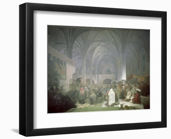 Master Jan Hus (1369-1415) Preaching in the Bethlehem Chapel, from the 'Slav Epic', 1916-Alphonse Mucha-Framed Giclee Print