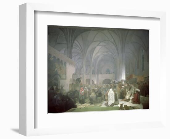 Master Jan Hus (1369-1415) Preaching in the Bethlehem Chapel, from the 'Slav Epic', 1916-Alphonse Mucha-Framed Giclee Print