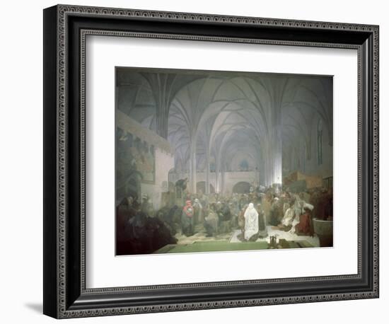 Master Jan Hus (1369-1415) Preaching in the Bethlehem Chapel, from the 'Slav Epic', 1916-Alphonse Mucha-Framed Giclee Print