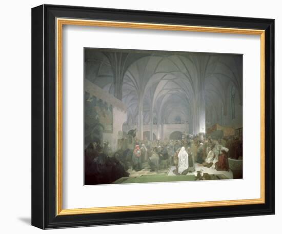 Master Jan Hus (1369-1415) Preaching in the Bethlehem Chapel, from the 'Slav Epic', 1916-Alphonse Mucha-Framed Giclee Print