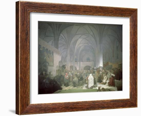 Master Jan Hus (1369-1415) Preaching in the Bethlehem Chapel, from the 'Slav Epic', 1916-Alphonse Mucha-Framed Giclee Print