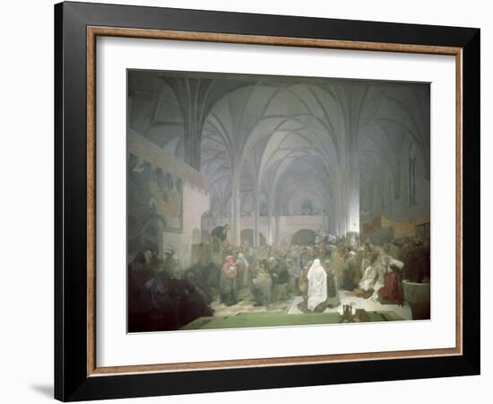 Master Jan Hus (1369-1415) Preaching in the Bethlehem Chapel, from the 'Slav Epic', 1916-Alphonse Mucha-Framed Giclee Print