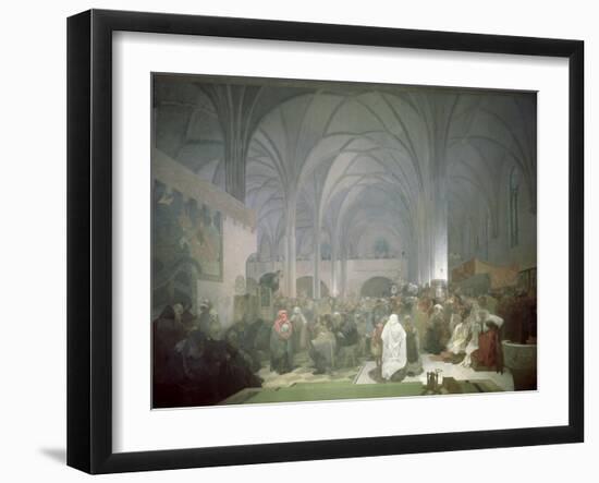 Master Jan Hus (1369-1415) Preaching in the Bethlehem Chapel, from the 'Slav Epic', 1916-Alphonse Mucha-Framed Giclee Print