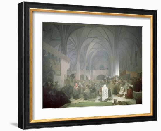 Master Jan Hus (1369-1415) Preaching in the Bethlehem Chapel, from the 'Slav Epic', 1916-Alphonse Mucha-Framed Giclee Print