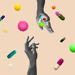 Pastel Background. the Abstract Hand and falling Tablets and Pills. Artwork or Creative Collage Wit-master1305-Photographic Print