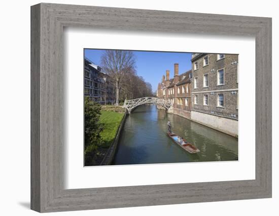 Mathematical Bridge, Connecting Two Parts of Queens College, with Punters on the River Beneath-Charlie Harding-Framed Photographic Print