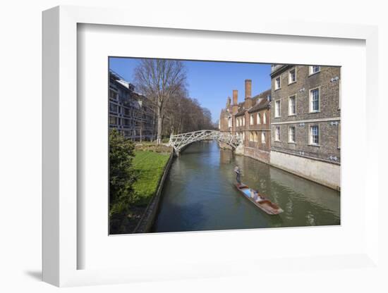 Mathematical Bridge, Connecting Two Parts of Queens College, with Punters on the River Beneath-Charlie Harding-Framed Photographic Print