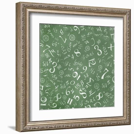 Mathematics Formulas Abstract Background (On Green Chalkboard)-pashabo-Framed Art Print