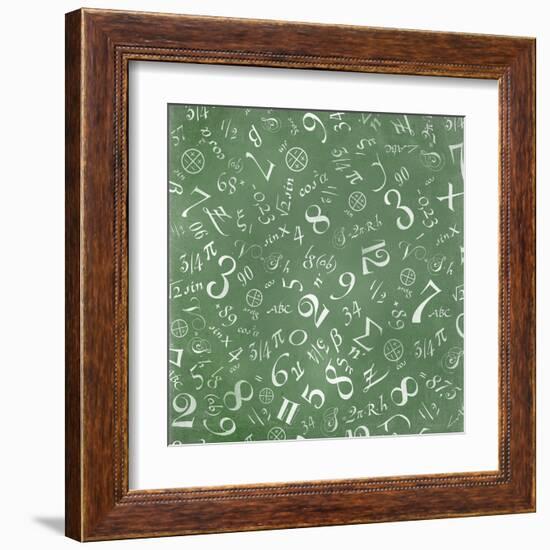 Mathematics Formulas Abstract Background (On Green Chalkboard)-pashabo-Framed Art Print