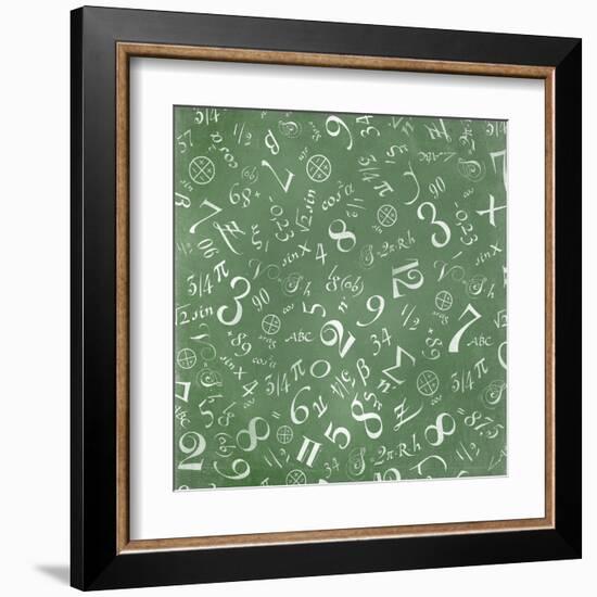 Mathematics Formulas Abstract Background (On Green Chalkboard)-pashabo-Framed Art Print