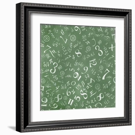 Mathematics Formulas Abstract Background (On Green Chalkboard)-pashabo-Framed Art Print