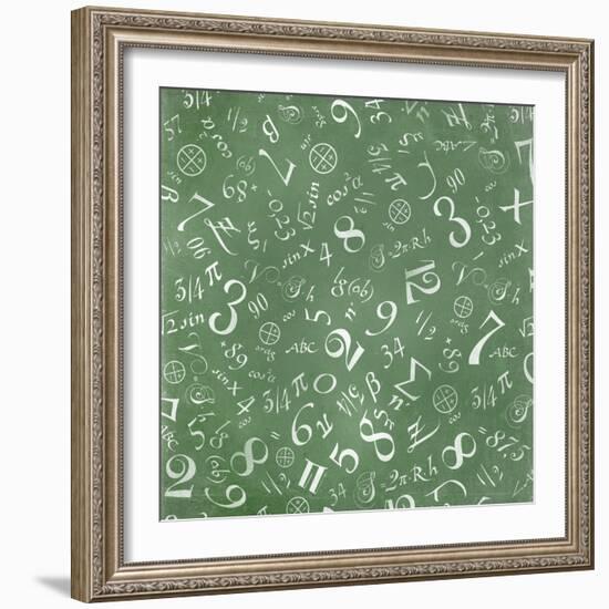 Mathematics Formulas Abstract Background (On Green Chalkboard)-pashabo-Framed Art Print