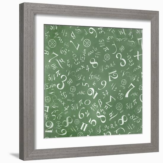 Mathematics Formulas Abstract Background (On Green Chalkboard)-pashabo-Framed Art Print
